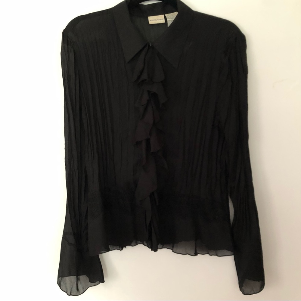 Black Ruffle Detail Sheer Pleated Button Up Top